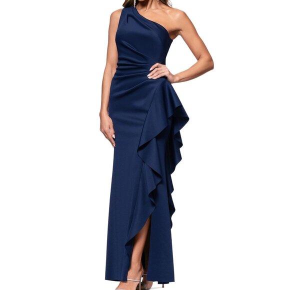 XSCAPE Petite Gathered-Waist One-Shoulder Evening Gown - Midnight Blue NWT 8P - Picture 3 of 4